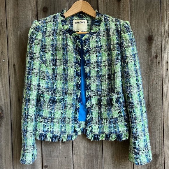 L'AGENCE Jackets & Blazers - L’AGENCE Tweed Jacket Open Front Green/Blue